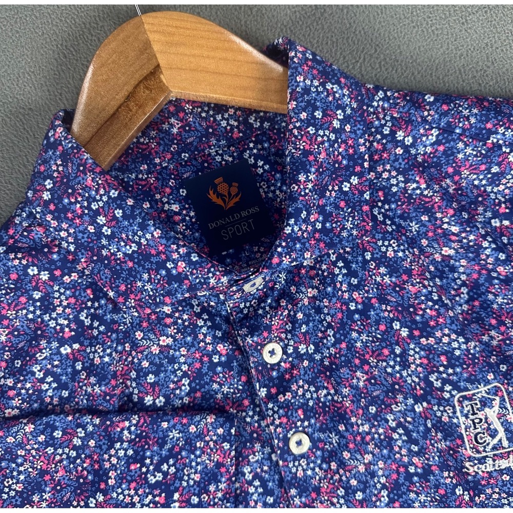 Donald Ross Polo Shirt Large Blue Pink Floral TPC Scottsdale Performance Golf